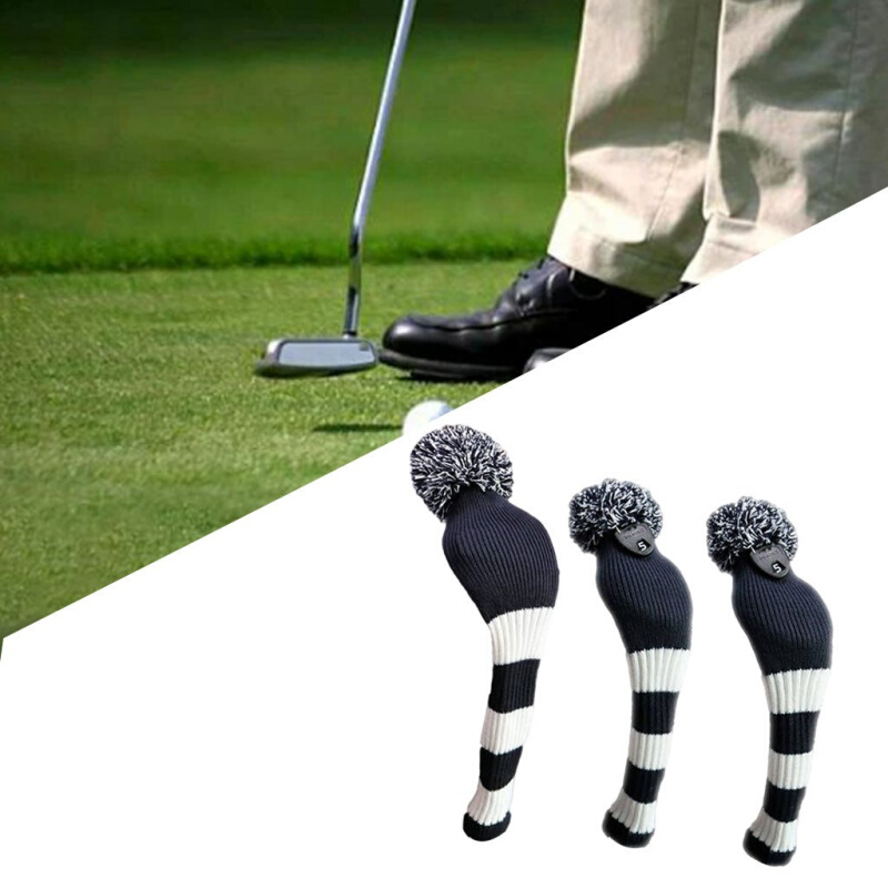 ヘッドカバー ボーダー柄ニット編みボンボン付きパターカバー