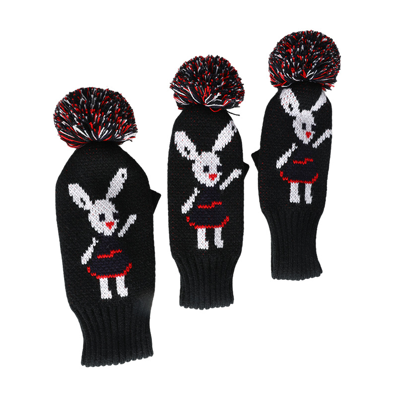 ヘッドカバー 可愛いウサギ柄ニット製ボンボン付きウッドカバー