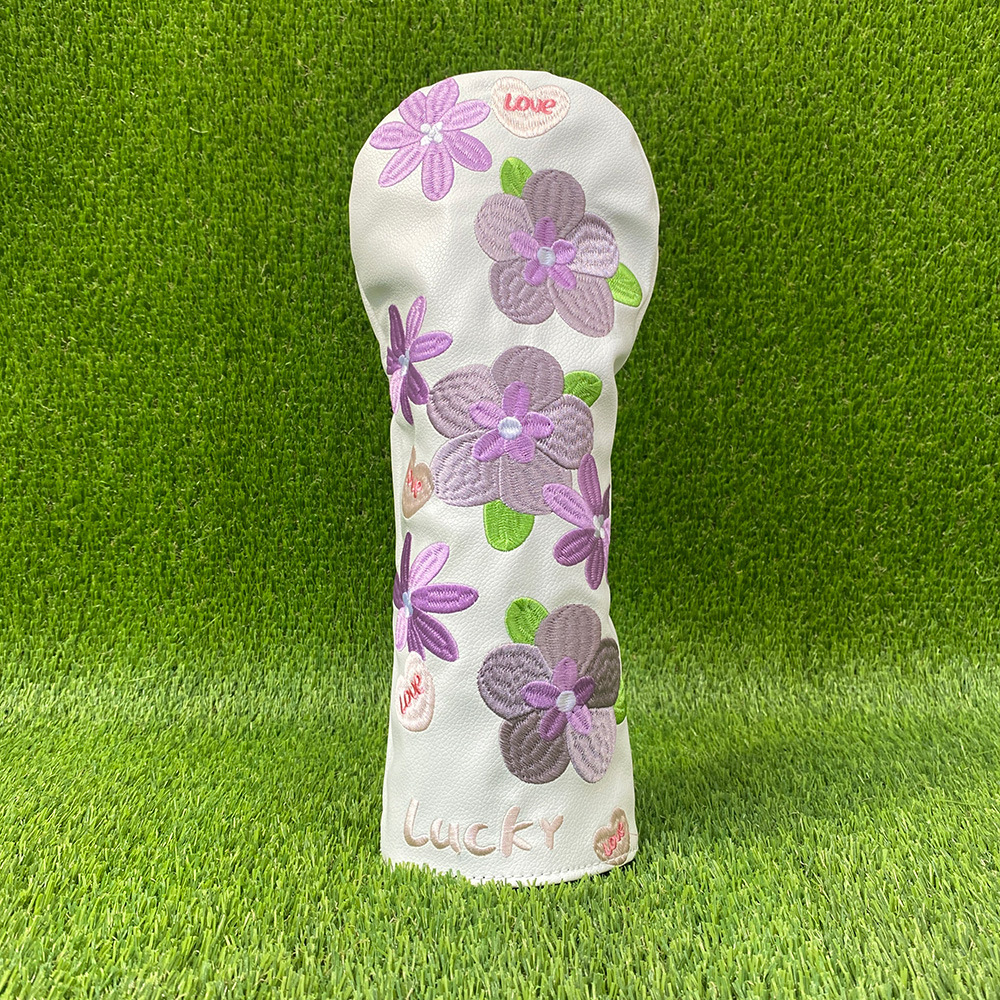 ヘッドカバー 花柄刺繍ハート文字入りドライバーカバー