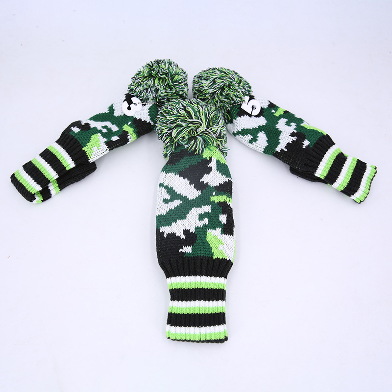 ヘッドカバー 迷彩柄ボンボン付きニット編みドライバーカバー