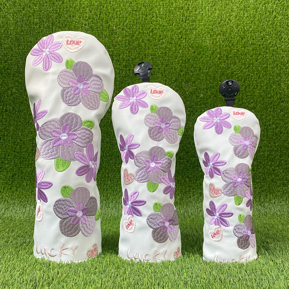 ヘッドカバー 花柄刺繍ハート文字入りドライバーカバー