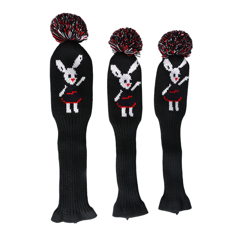 ヘッドカバー 可愛いウサギ柄ニット製ボンボン付きウッドカバー