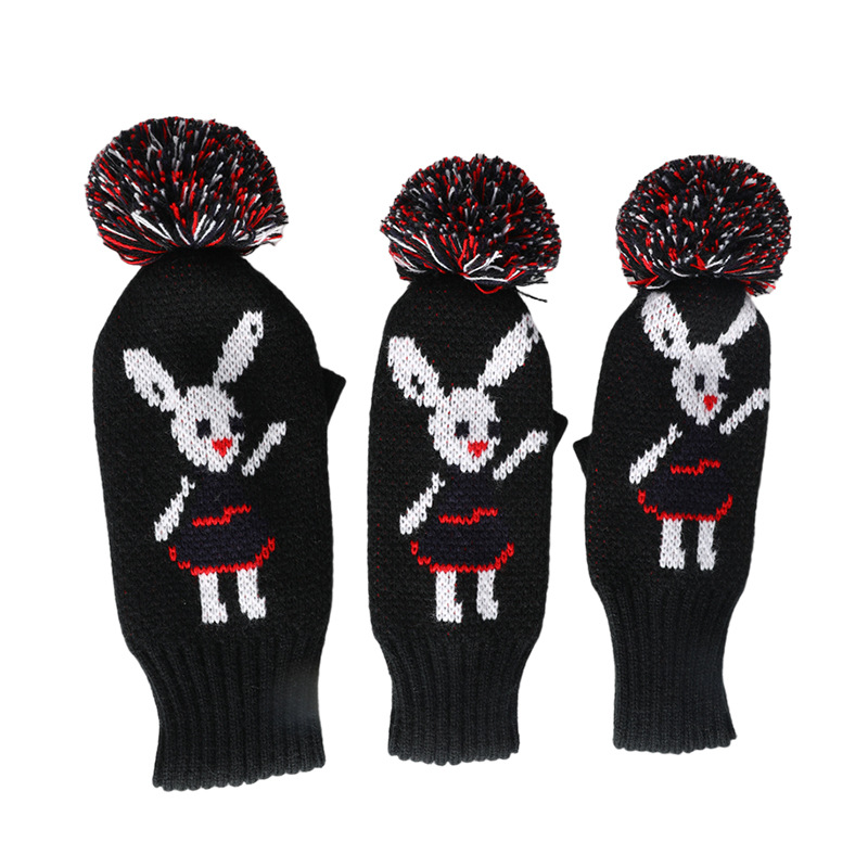 ヘッドカバー 可愛いウサギ柄ニット製ボンボン付きウッドカバー