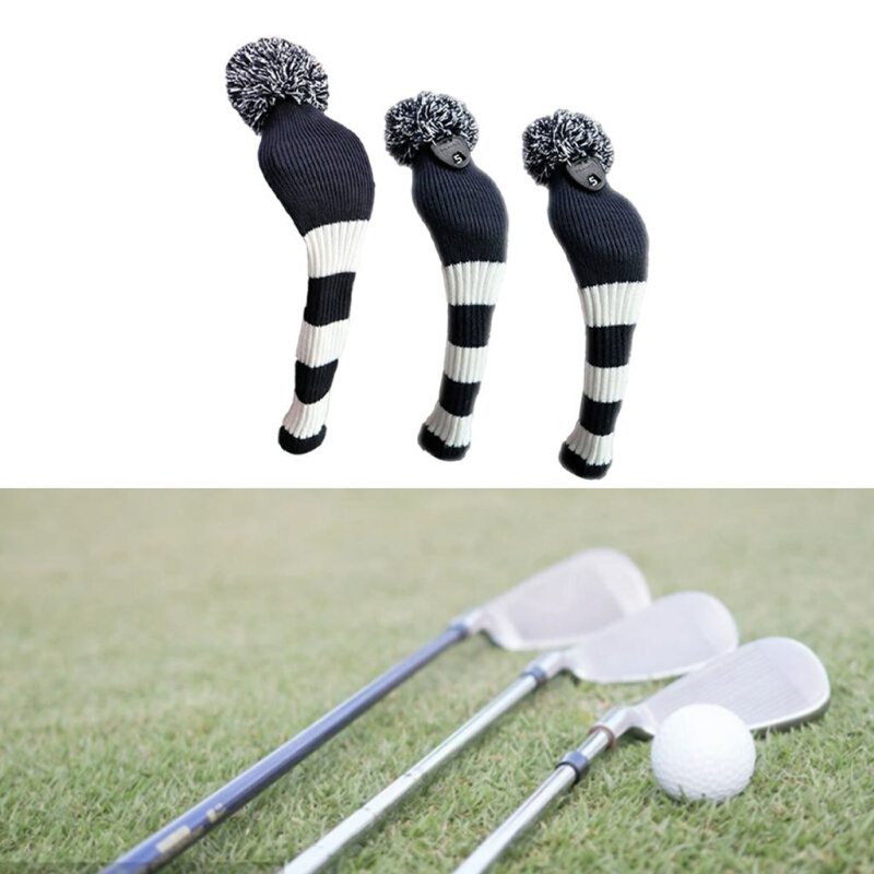 ヘッドカバー ボーダー柄ニット編みボンボン付きパターカバー