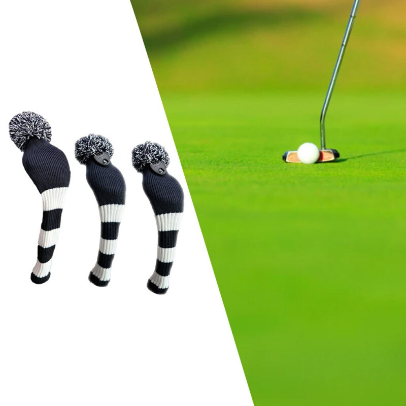 ヘッドカバー ボーダー柄ニット編みボンボン付きパターカバー