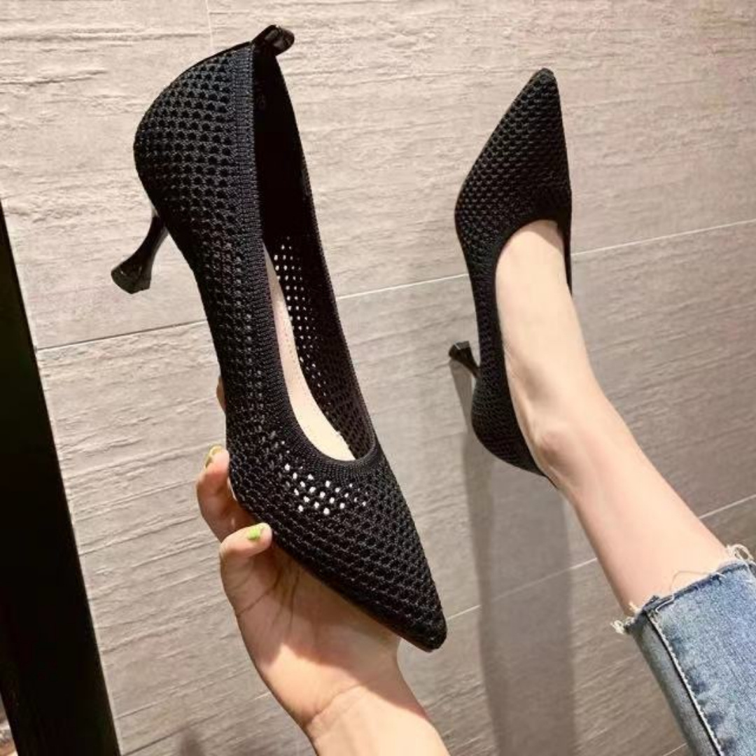 ヒール メッシュ編みポインテッドパンプス