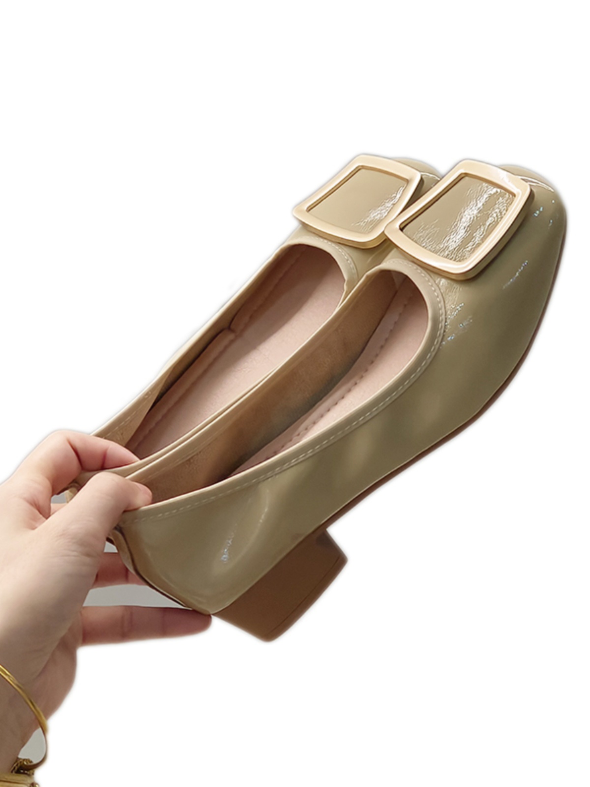 ヒール 角飾り付き上品スクエアトゥパンプス