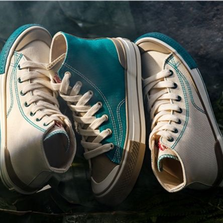 【左右非対称デザイン】クレイジーパターン ハイカットスニーカー | ターコイズブルー 個性的 ユニセックス