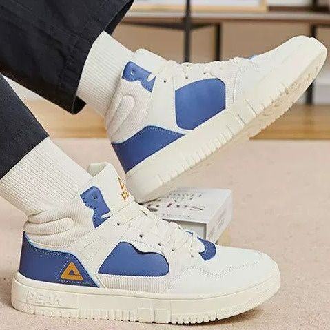 【レトロスポーティ】ハイカットスニーカー | 白×ブルー カラーブロック ストリート ユニセックス