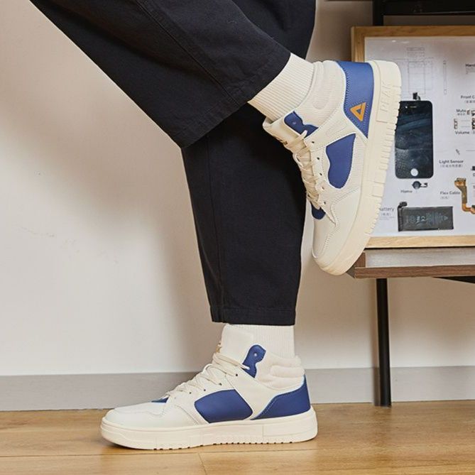 【レトロスポーティ】ハイカットスニーカー | 白×ブルー カラーブロック ストリート ユニセックス