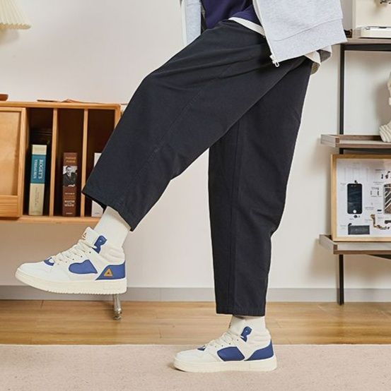 【レトロスポーティ】ハイカットスニーカー | 白×ブルー カラーブロック ストリート ユニセックス