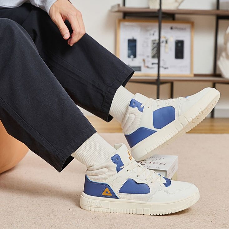【レトロスポーティ】ハイカットスニーカー | 白×ブルー カラーブロック ストリート ユニセックス