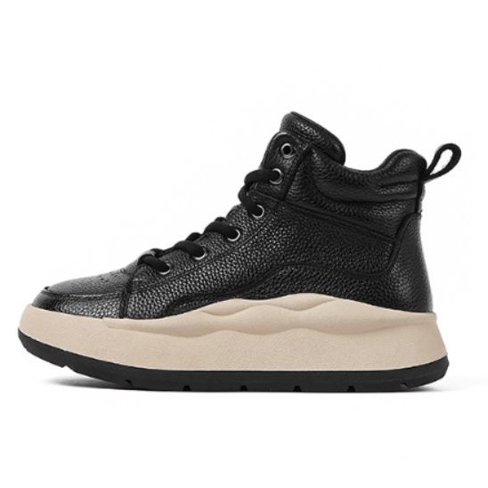 【アーバン・ラグジュアリー】ハイカット 厚底スニーカー ブラック | シボ革 異素材コンビ 曲線ソール モード