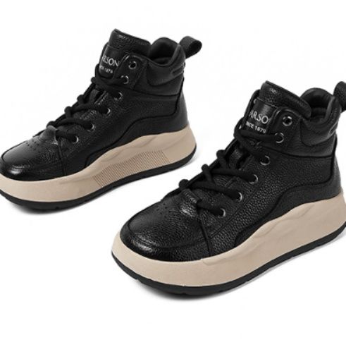 【アーバン・ラグジュアリー】ハイカット 厚底スニーカー ブラック | シボ革 異素材コンビ 曲線ソール モード