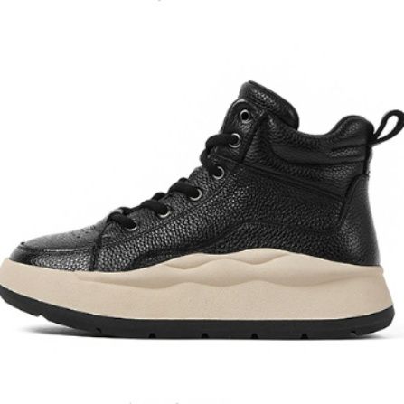 【アーバン・ラグジュアリー】ハイカット 厚底スニーカー ブラック | シボ革 異素材コンビ 曲線ソール モード