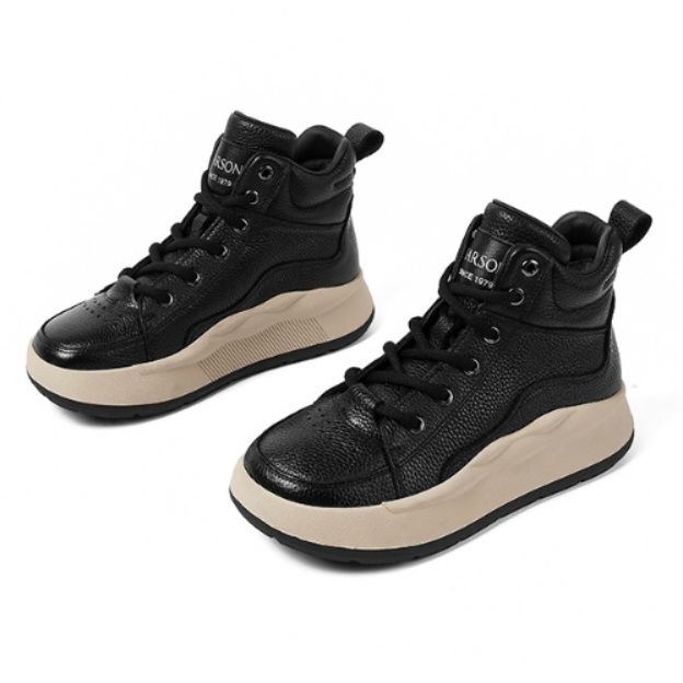【アーバン・ラグジュアリー】ハイカット 厚底スニーカー ブラック | シボ革 異素材コンビ 曲線ソール モード