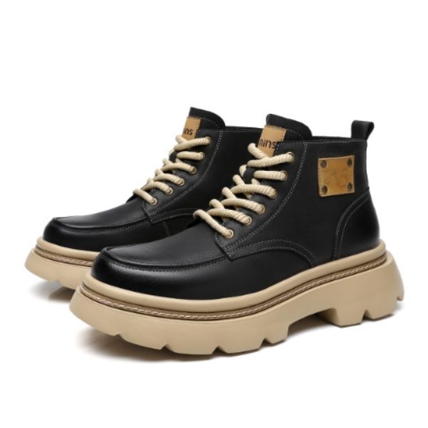 【アーバン・サバイブ】厚底 ワークブーツ ブラック×ベージュ | ラギッドソール 異素材パッチ モード・ストリート