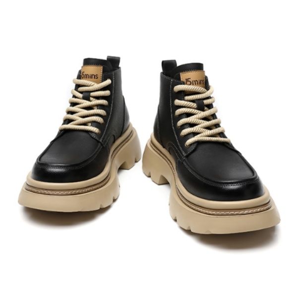 【アーバン・サバイブ】厚底 ワークブーツ ブラック×ベージュ | ラギッドソール 異素材パッチ モード・ストリート