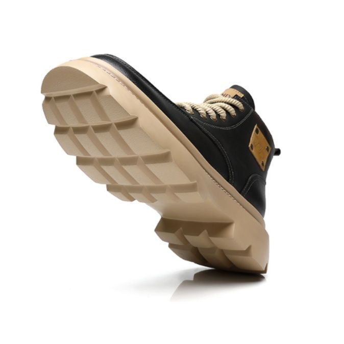 【アーバン・サバイブ】厚底 ワークブーツ ブラック×ベージュ | ラギッドソール 異素材パッチ モード・ストリート