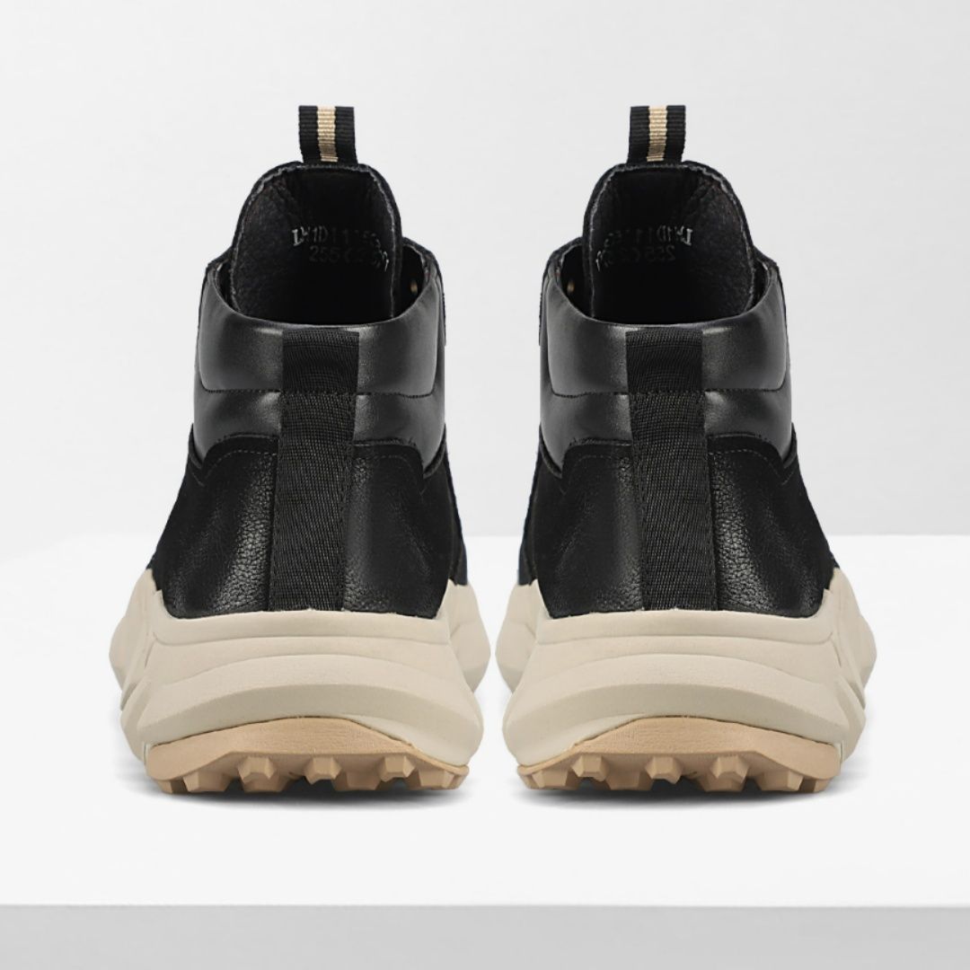 【都会的タフネス】ミッドカット ワークスニーカー ブラック | 幾何学ボリュームソール 異素材コンビ モード・ストリート