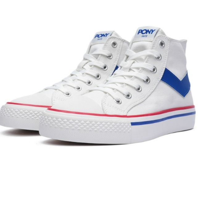 【クラシック・トリコロール】ハイカット キャンバススニーカー ホワイト | ブルーアクセント レッドライン ヴィンテージ・スポーツ