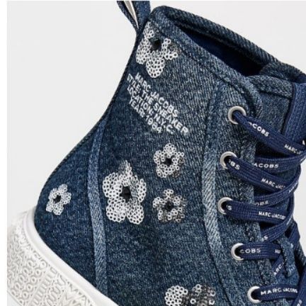 【フローラル・インディゴ】デニム ハイカットスニーカー ネイビー | フラワー刺繍 スパンコールアクセント 厚底・ガーリーストリート