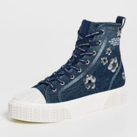 【フローラル・インディゴ】デニム ハイカットスニーカー ネイビー | フラワー刺繍 スパンコールアクセント 厚底・ガーリーストリート