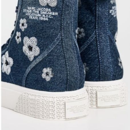 【フローラル・インディゴ】デニム ハイカットスニーカー ネイビー | フラワー刺繍 スパンコールアクセント 厚底・ガーリーストリート