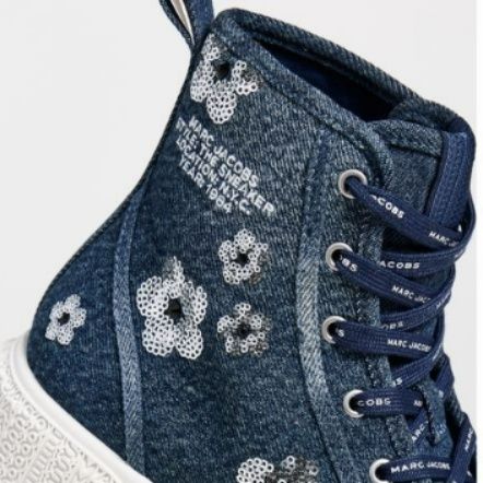 【フローラル・インディゴ】デニム ハイカットスニーカー ネイビー | フラワー刺繍 スパンコールアクセント 厚底・ガーリーストリート