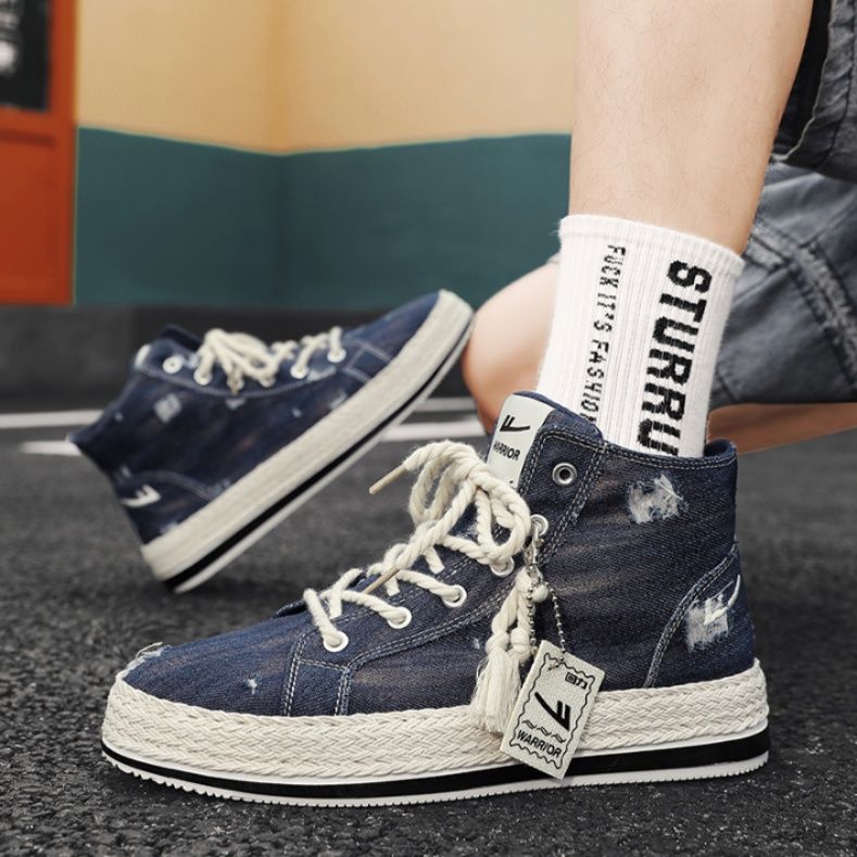 【ラギッド・インディゴ】ダメージ加工 キャンバススニーカー ブルーデニム | 編み込みミッドソール フリンジタグ ストリート・ヴィンテージ