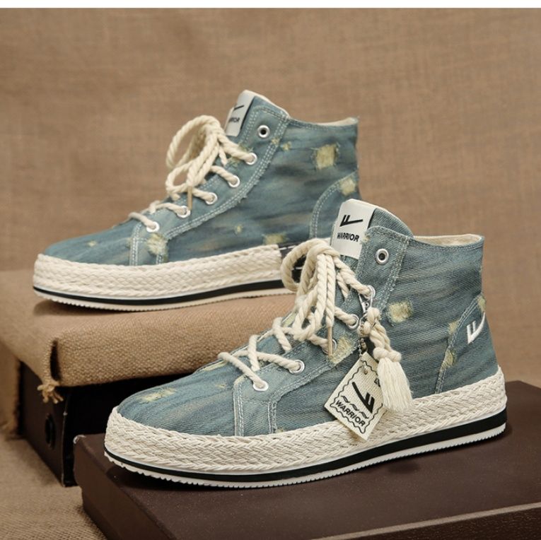 【ラギッド・インディゴ】ダメージ加工 キャンバススニーカー ブルーデニム | 編み込みミッドソール フリンジタグ ストリート・ヴィンテージ