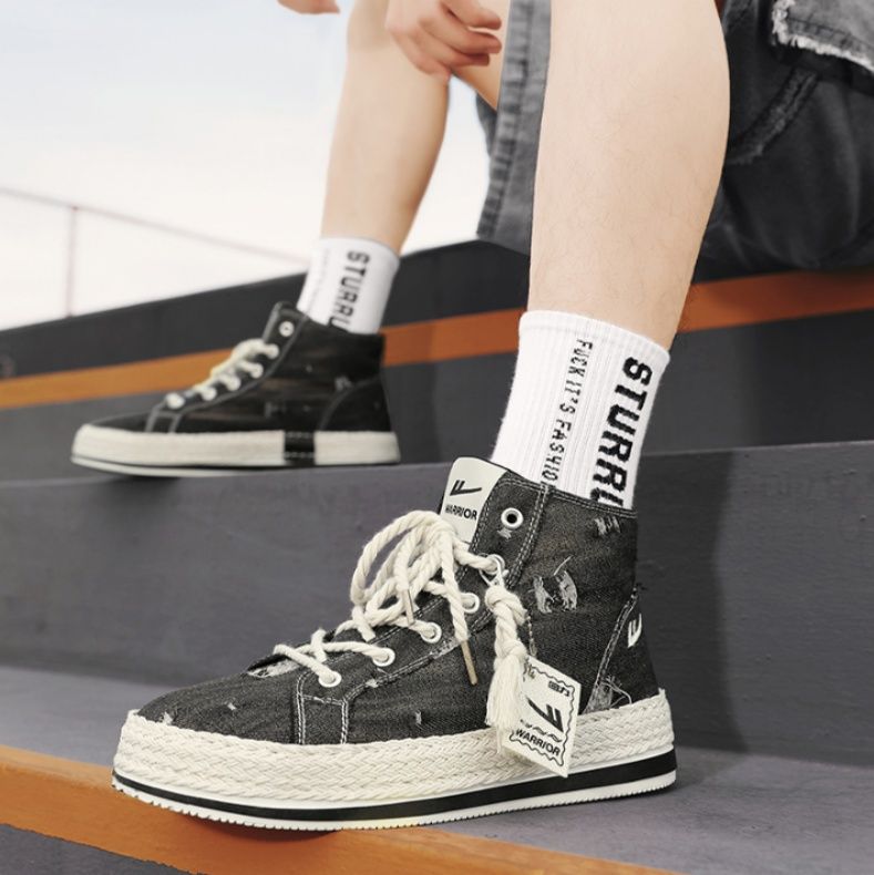 【ラギッド・インディゴ】ダメージ加工 キャンバススニーカー ブルーデニム | 編み込みミッドソール フリンジタグ ストリート・ヴィンテージ