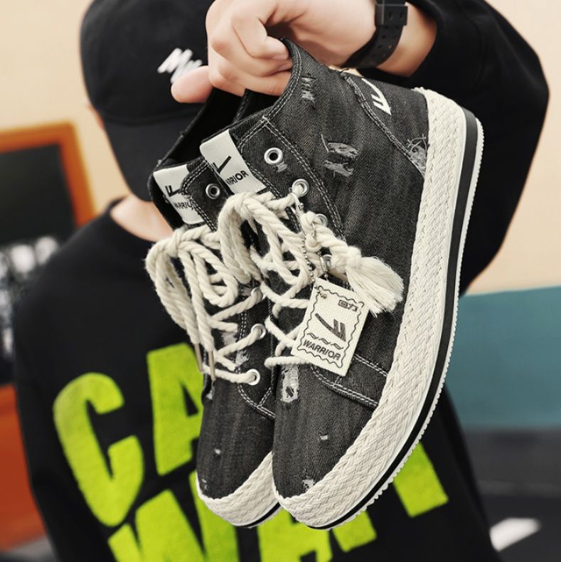 【ラギッド・インディゴ】ダメージ加工 キャンバススニーカー ブルーデニム | 編み込みミッドソール フリンジタグ ストリート・ヴィンテージ