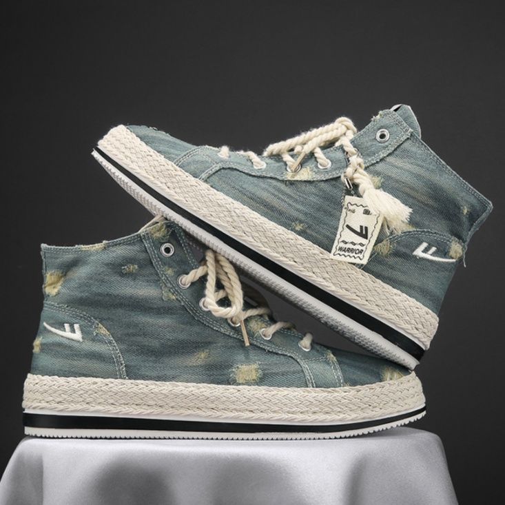 【ラギッド・インディゴ】ダメージ加工 キャンバススニーカー ブルーデニム | 編み込みミッドソール フリンジタグ ストリート・ヴィンテージ