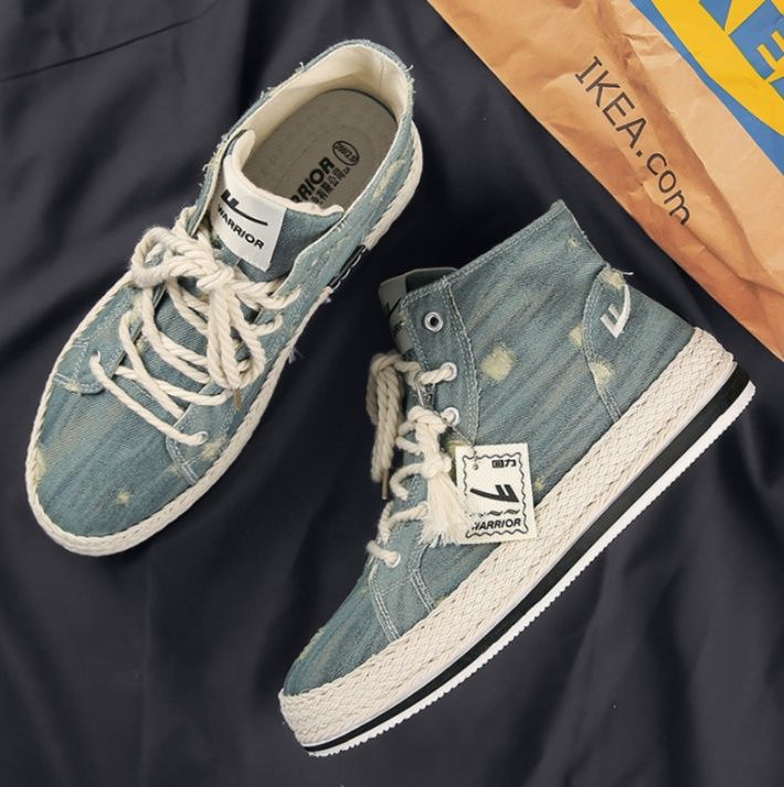 【ラギッド・インディゴ】ダメージ加工 キャンバススニーカー ブルーデニム | 編み込みミッドソール フリンジタグ ストリート・ヴィンテージ