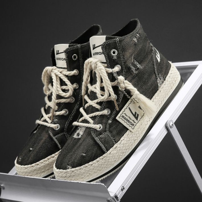 【ラギッド・インディゴ】ダメージ加工 キャンバススニーカー ブルーデニム | 編み込みミッドソール フリンジタグ ストリート・ヴィンテージ