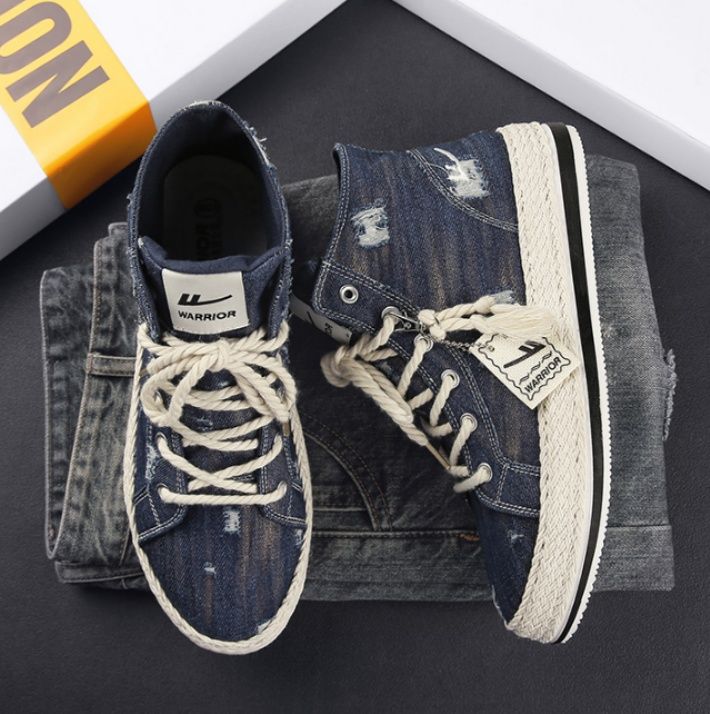 【ラギッド・インディゴ】ダメージ加工 キャンバススニーカー ブルーデニム | 編み込みミッドソール フリンジタグ ストリート・ヴィンテージ