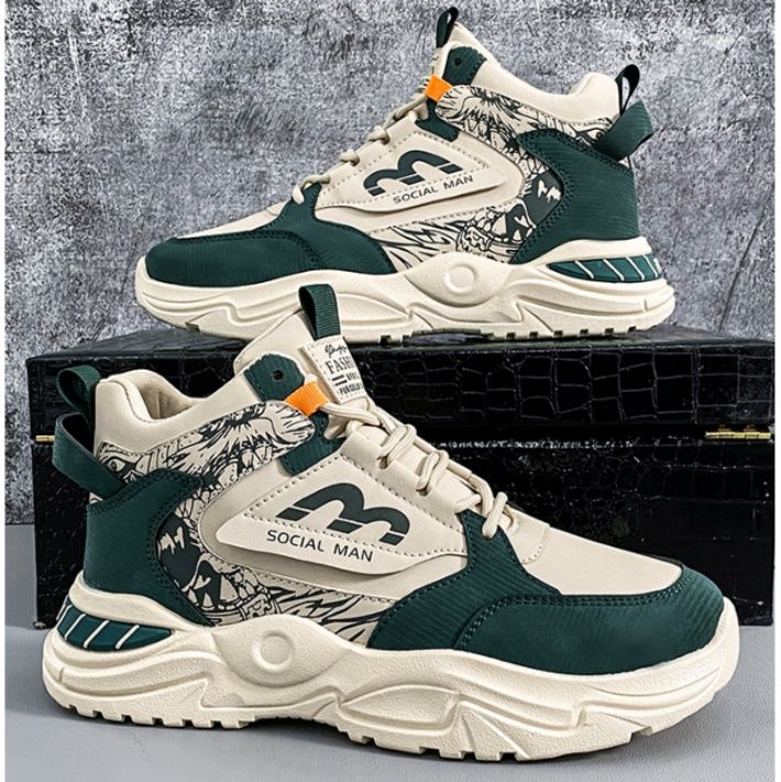 【アーバン・ダイナミクス】チャンキースニーカー ホワイト×ネイビー | グラフィックパネル オレンジアクセント ストリート・ボリュームソール