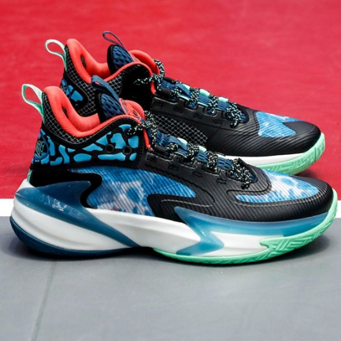 【バニー・ダイナミクス】バスケットスニーカー ブルー×オレンジ | ラビットアイコン 和柄風テキスタイル 高機能スポーツソール