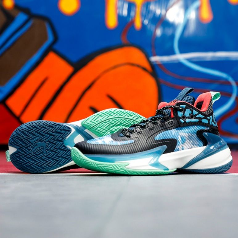 【バニー・ダイナミクス】バスケットスニーカー ブルー×オレンジ | ラビットアイコン 和柄風テキスタイル 高機能スポーツソール