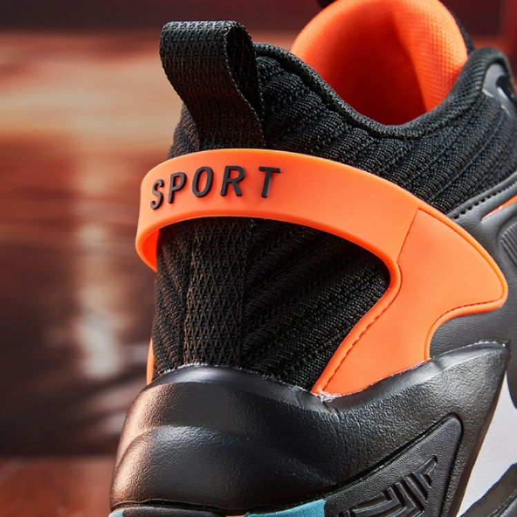 【ダイナミック・ボルト】ハイカット・バスケットシューズ ブラック×ネオンオレンジ | 3Dサイドパネル アスリートシルエット ストリート・スポーツ