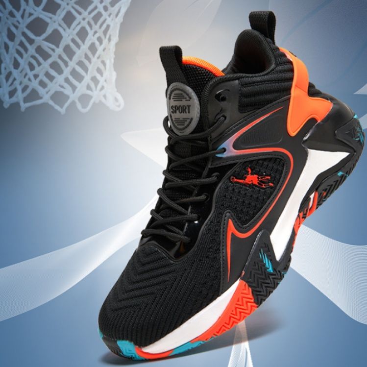 【ダイナミック・ボルト】ハイカット・バスケットシューズ ブラック×ネオンオレンジ | 3Dサイドパネル アスリートシルエット ストリート・スポーツ