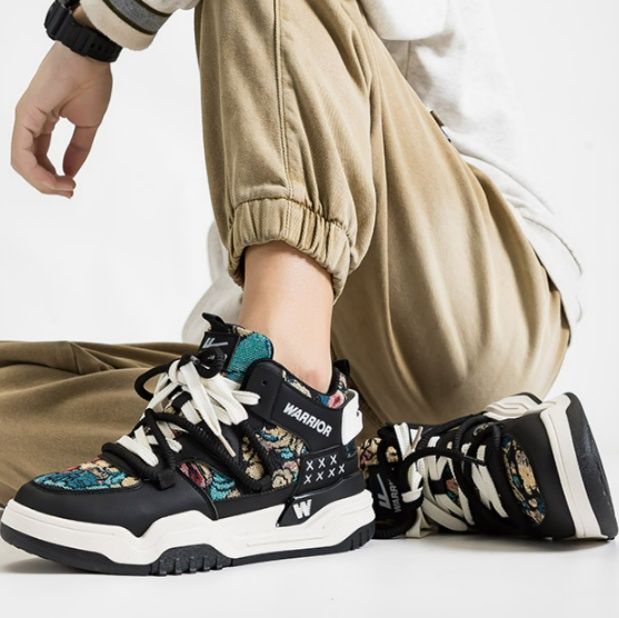 【テキスタイル・アート】厚底スニーカー ブラック×マルチカラー | ゴブラン織り風ジャガード 2タイプシューレース モード・ストリート