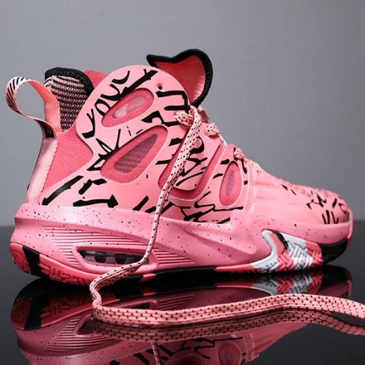 【ポップ・ダイナミズム】ハイカット・バスケットシューズ ピンク×ブラックグラフィティ | ビジブルエア搭載 スプラッターデザイン ストリート・ガールズ