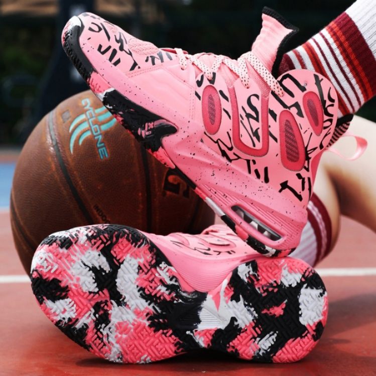 【ポップ・ダイナミズム】ハイカット・バスケットシューズ ピンク×ブラックグラフィティ | ビジブルエア搭載 スプラッターデザイン ストリート・ガールズ