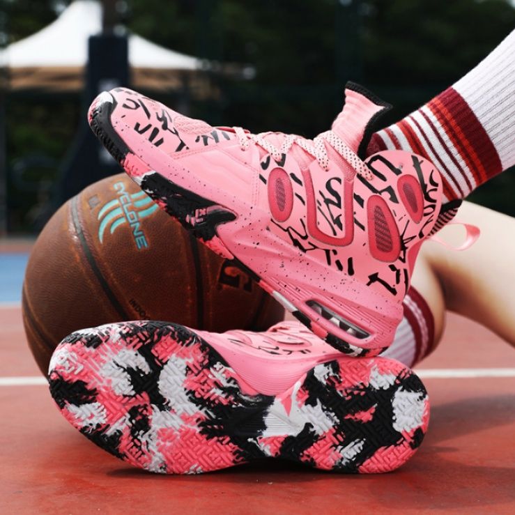 【ポップ・ダイナミズム】ハイカット・バスケットシューズ ピンク×ブラックグラフィティ | ビジブルエア搭載 スプラッターデザイン ストリート・ガールズ