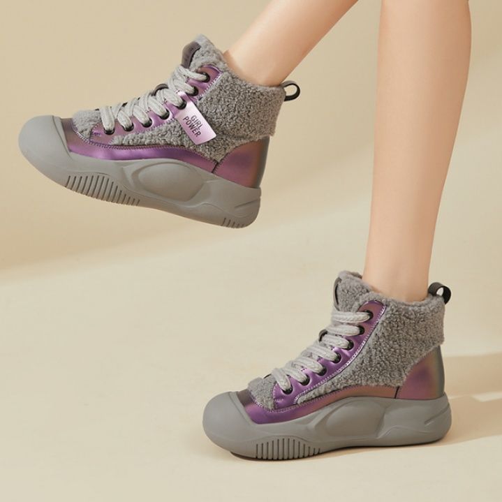 【ルミナス・ボア】ミッドカットスニーカー メタリックパープル×グレー | エコファーライニング メタリックパネル ウィンター・モードカジュアル