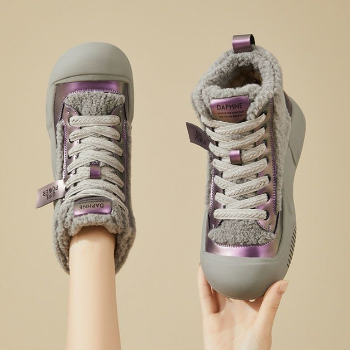 【ルミナス・ボア】ミッドカットスニーカー メタリックパープル×グレー | エコファーライニング メタリックパネル ウィンター・モードカジュアル