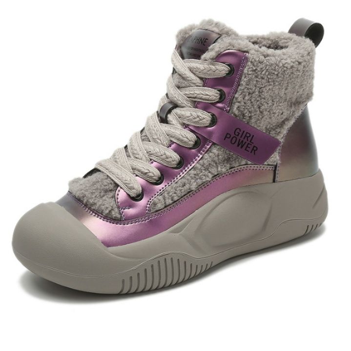 【ルミナス・ボア】ミッドカットスニーカー メタリックパープル×グレー | エコファーライニング メタリックパネル ウィンター・モードカジュアル