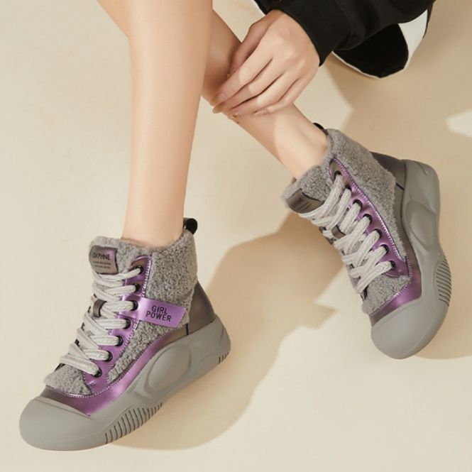 【ルミナス・ボア】ミッドカットスニーカー メタリックパープル×グレー | エコファーライニング メタリックパネル ウィンター・モードカジュアル